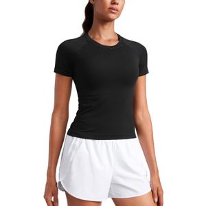 CRZ YOGA Seamless Workout Tops for Women Waist Length - Running Gym Athletic Yoga Short Sleeve Shirts Breathable Crewneck (X-Small, Black)