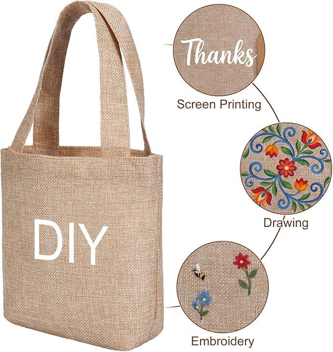 Aliceset 36 Pcs Mini Burlap Tote Bags with Handles Reusable Burlap Gift Bags with Tags Small Wedding Welcome Bridesmaids Jute Bag Bulk for Party Supplies DIY Craft (6.3 x 6.3 x 2.8 Inch,Light Brown)