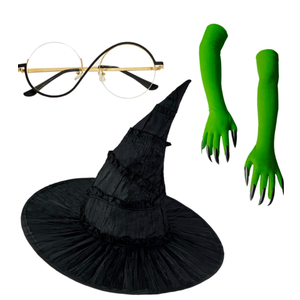 Halloween Witch Costume Set – Witch Hat, Green Claw Gloves & Glasses – 4pcs Dress-Up Kit for Cosplay & Party Fun
