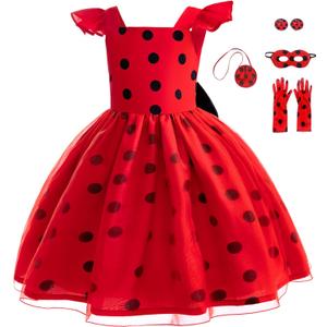 Sgehen Girls Ladybug Costume Dress Halloween Birthday Christmas Party Cosplay Outfit 3-10 Years (5-6 Years, Red)