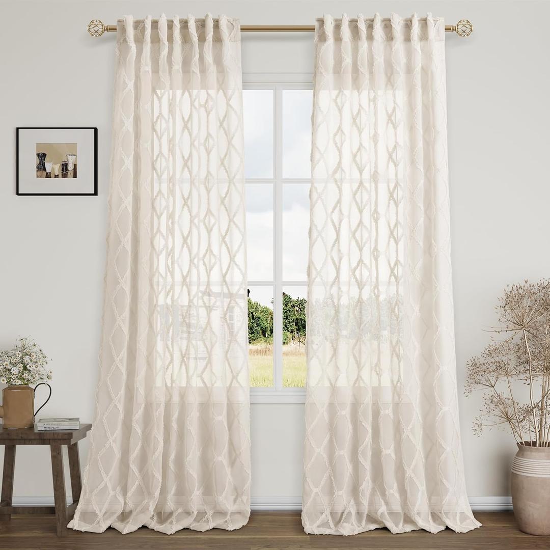 Beige Farmhouse Curtains 90 Inches Long Rod Pocket Tan Sheer Privacy Curtains for Living Room Geometric Embroidered Textured Curtain Drapes Neutral Earth Tone Taupe Cozy Window Curtain 90 inch Length