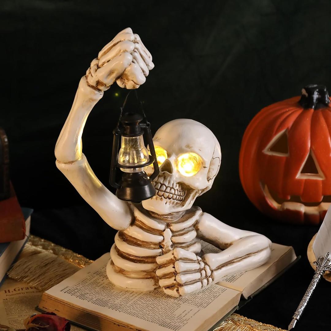 DREAM GARDEN Halloween Skeleton Decorations, Spooky Skeleton Figurine with LED Warm Light Indoor Skull Sculpture Halloween Party Ornament for Bar Table Decor