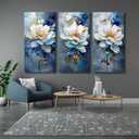 AJAZIKO Large Floral Wall Art - Modern Abstract Flower Canvas - Navy Blue 3 Piece Wall Art - Bedroom Artwork - 24x48in
