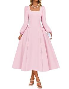 ZESICA Women's Long Sleeve Midi Dresses 2026 Fall Square Neck Swing A Line Wedding Guest Evening Prom Dress Size M