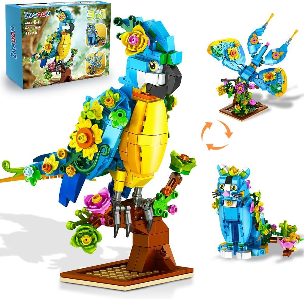 INSOON 3 in 1 Flower Cat Parrot Butterfly Building Set, Animal Figures Building Toy for Home Office Art Decor, 412 PCS Building Block Easter Gift for Kids Boys Girls Ages 6 7 8 9 10 11 12+ Adults