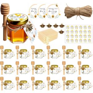 Adabocute 20 Pack Mini Honey Jars with Dipper - Perfect for Baby Shower Favors and Wedding Favors - Includes Bee Pendants Tags and Jute Bags - Gold Lid