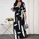 Maxi Dresses for Women Plus Size Printed 3/4 Sleeve Long Dress with Belt