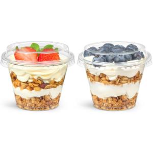 50 Pack 6 oz Plastic Dessert Cups with Lids, Small Plastic Yogurt Parfait Cups, Mini Round Party Serving Cup for Pudding, Fruit, Cake, Appetizer, Dessert Shot Glasses