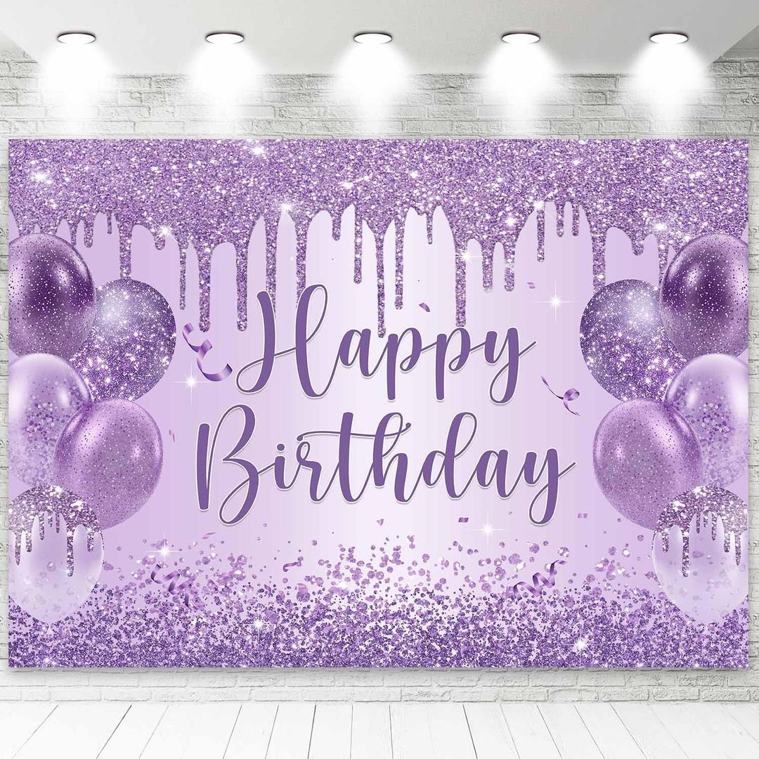 Sensfun Purple Happy Birthday Backdrop Banner Shiny Glitter Balloon Photography Background for Women Girls Sweet 16 18th 21st 30th Birthday Party Decorations Banner Photo Booth Props 6x4ft