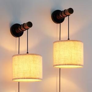 Wall Sconces Set of Two, Plug in Sconces Wall Lighting with Fabric Shade, Farmhouse Wall Lamps with Plug in Cord, Rustic Wall Lights with Wood Arm and On/Off Switch for Bedroom, Living Room (9.4 Inch-2 Pack)