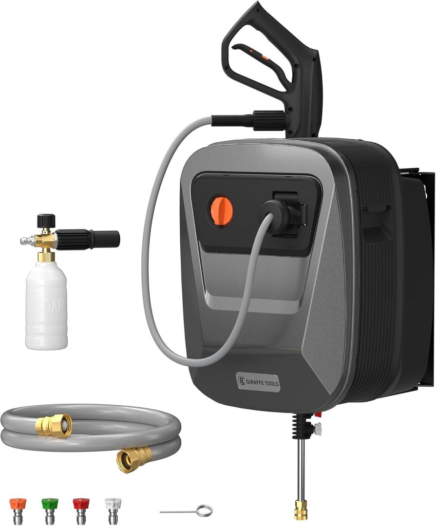 Giraffe Tools Grandfalls Retractable Pressure Washer G20B, 2500 PSI 2.2 GPM, Wall Mounted with 65FT Hose Reel, Black Pressure Hoses, 4 Nozzles for Floor/ Cars/ Fences/ Patios, Light Silver