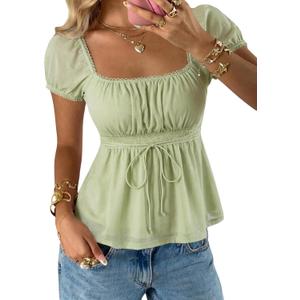 SOLY HUX Women's Square Neck Short Sleeve Peplum Tops Tie Front Summer Teen Girls Babydoll Top T Shirt (Green, XL)