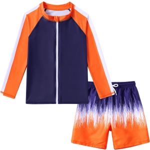 Boys Two Piece Swim Set Zipper Rash Guard Swimsuits Long Sleeve Bathing Suit for 4-12 Years (9-10 Years, Orange Graffiti)