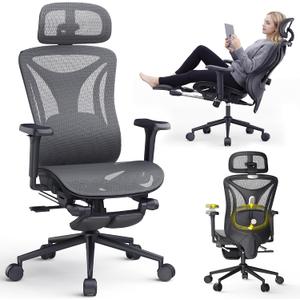 CYKOV Ergonomic Office Chair with Footrest - Adjustable Lumbar Support & Headrest, 90-160° Reclining Mesh Back Computer Chair - Home Office/Gaming, 350lbs Capacity (SGS Certified) (B-Grey, Mesh), 20 inches x 22 inches x 40 inches