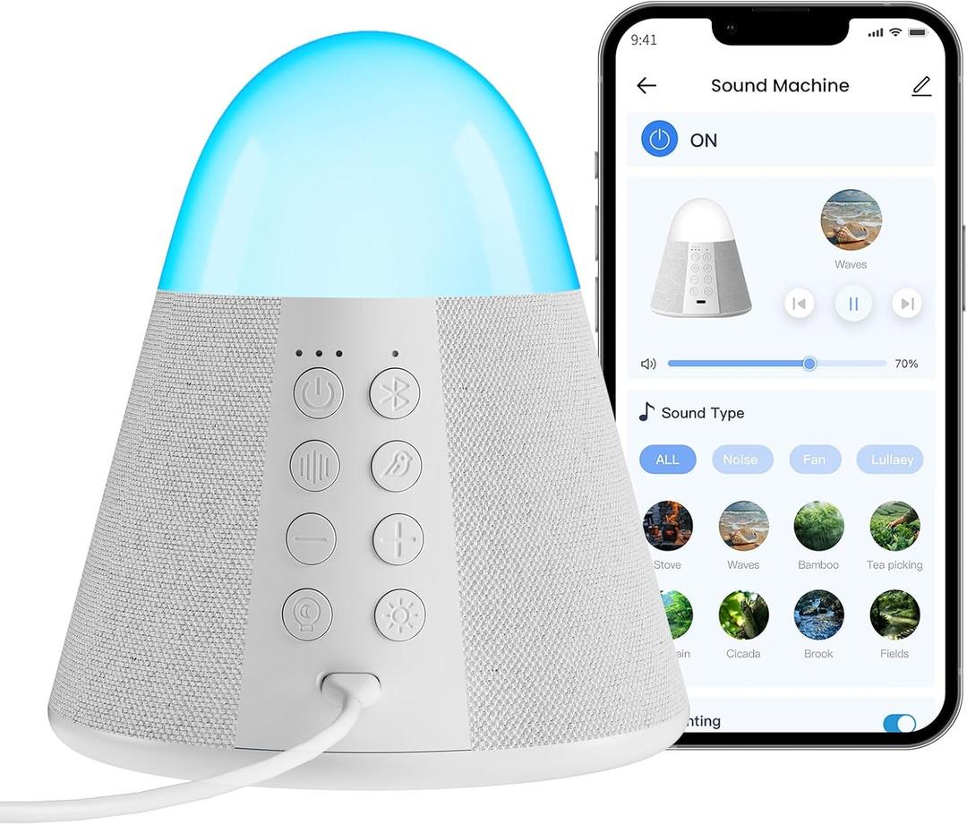 Upgraded Sound Machine with 54 Soothing Sounds, Brown & Pink Noise Sound Machine with App Control, Timer, Night Light, Bluetooth Speaker, Memory Function for Adult, Baby, for Sleep Travel Home