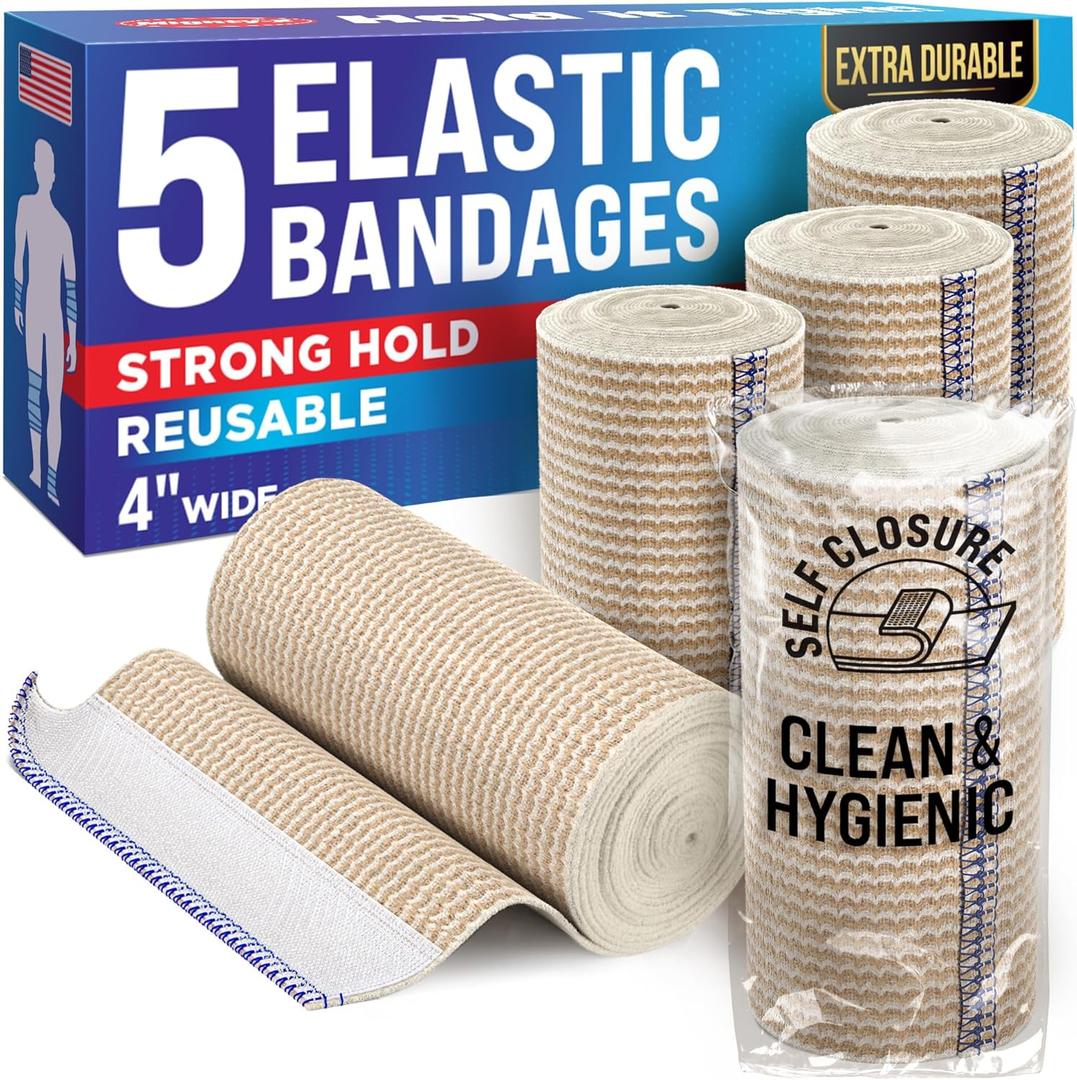 High-Performance Elastic Bandage Wrap - 4 (5pk) - Self-Closing Strong Compression Reusable Bandage Wrap for Leg, Ankles, Wrists, and Knees - for First Aid Kit and After Surgery Recovery - Latex Free