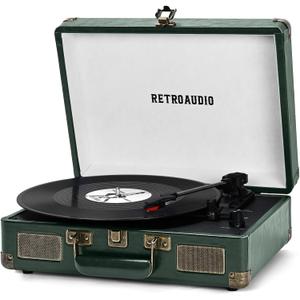 Vinyl Record Player 3 Speed Bluetooth Portable Suitcase Belt-Driven Record Player with 2 Built-in Stereo Speakers Vinyl Vintage Turntable Records Player with RCA Line Out, AUX Out (Dark Green)