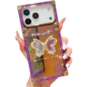 Cute Compatible with iPhone 17 Pro Max Case,Luxury Bling Butterfly with Foldable Stand Kickstand for Women Girls,Glossy Mirror Shockproof Protective Case for 17 Pro Max 6.9(Purple)