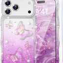 QVLANG for iPhone 17 Pro Max Case Glitter, 3D Butterfly & Pearls Design with Wave Frame, Diamond-Encased Edges & Built-in Camera Protector, Cute Sparkling Phone Cover for Girls Women, Gradient Purple
