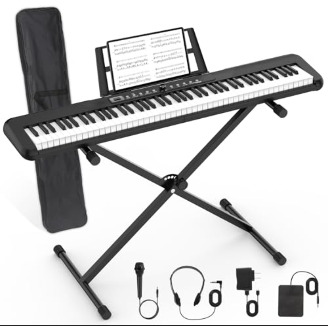 88 Key Digital Piano, Semi Weighted Electronic Keyboard Piano with Music Stand, Power Supply, Sustain Pedal, Bluetooth, Carrying Case, Headphones, USB-MIDI Compatibility, for Beginner Professional