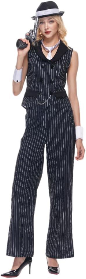 EraSpooky Women Gangster Costume Adult 1920s Pinstripe Suit, Include Sleeveless Jacket Pants Necktie Wristband Hat (Medium)