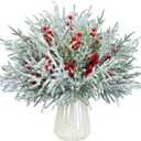 40 PCS Christmas Artificial Snow Pine Branches with Berry Stems,14" Faux Norfolk Pine Branches Faux Greenery Picks for Christmas Vase Filler Garland Home Decorations