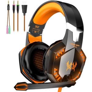 VersionTECH. G2000 - Auriculares para juegos con micrfono con cancelacin de ruido, luces LED, orejeras de memoria suave para PS5/PS4/Xbox One/porttil/PC/Mac/Nintendo NES Games-Amarillo (Naranja)