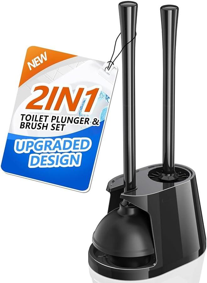 Toilet Plunger and Brush Set, Bowl Brush and Heavy Duty Toilet Plunger with Ventilated Holder, 2-in-1 Toilet Brush and Plunger Combo for Bathroom Deeply CleaningBlack