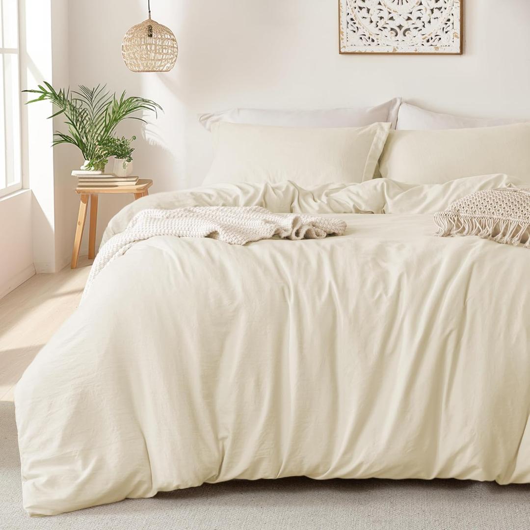 MILDLY Super Soft Duvet Cover - 100% Washed Microfiber Beige Comforter Cover Set 3 Pieces with Zipper Closure & Corner Ties (No Comforter) (Full (80"x90"), 01 - Light Ivory (No Comforter)