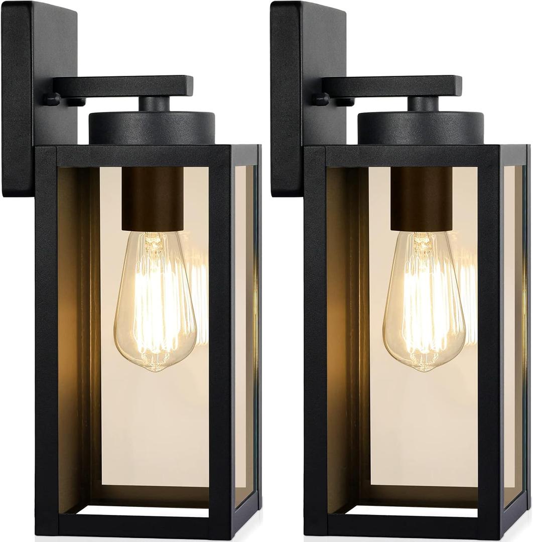 Outdoor Wall Light Fixtures, Exterior Waterproof Lanterns, Porch Sconces Wall Mounted Lighting with E26 Sockets & Glass Shades, Modern Matte Black Wall Lamps for Patio Front Door Entryway, 2-Pack (12.8inch)