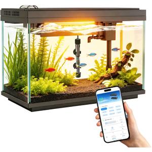 Smart Aquarium 5 Gallon Glass Fish Tank with Silent Water Pump, Self Cleaning System Efficiency Filter 7-Color LED Lights Automatic Feeder Temperature Display HD Glass, Smart Control with App, Black