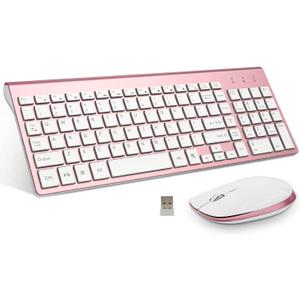 FENIFOX Keyboard and Mouse Wireless, USB 2.4GHz Combo Silent Quiet Low Profile Compact Full Size Flat Slim Thin Portable with Number Pad Soft Cover for PC Laptop Computer Office - Pink & Rose Gold