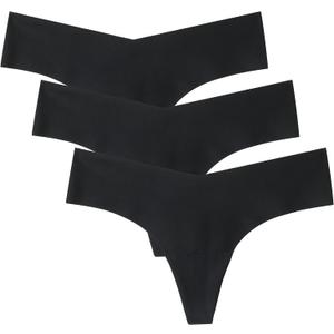 WANDER Seamless Thongs for Women Comfortable No Show Thong Invisible V-waisted Breathable Stretch Panties Underwear 3 Pack (Black, XL)
