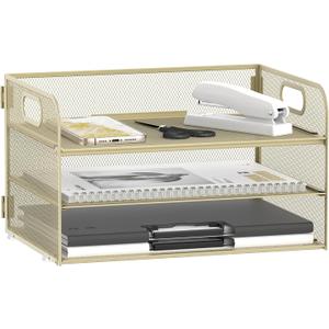Daltack 3-Tier Paper Organizer with Handle, Mesh Desk Organizer Letter Tray, Paper Tray Organizer File Organizer for A4 File Folder, Golden Yellow