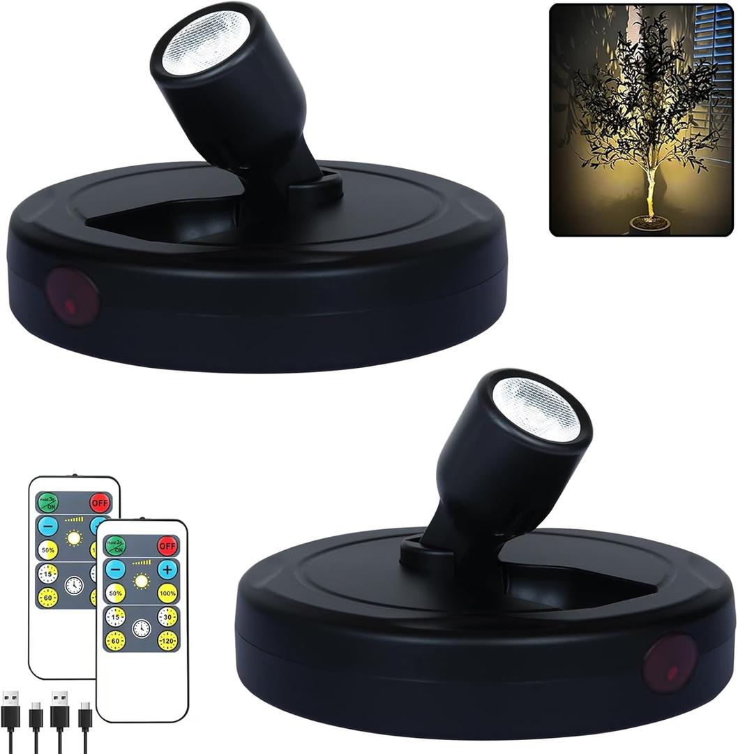 HAMVIDNE LED Spotlights, Rechargeable Battery Picture Lights, Uplighting Indoor, Spot Light with Remote, Plant & Wall Art Display Dartboard Closet Spotlight-Black (2 Pack)