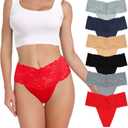 Lace Thongs For Women Plus Size Sexy Underwear T Back Stretch Womens Thongs Underwear 5/6/10 Pack (XX-Large, Black*1 Dark Blue*1 Nude*1 Grey*1 Red*1 Grey Blue*1) 
