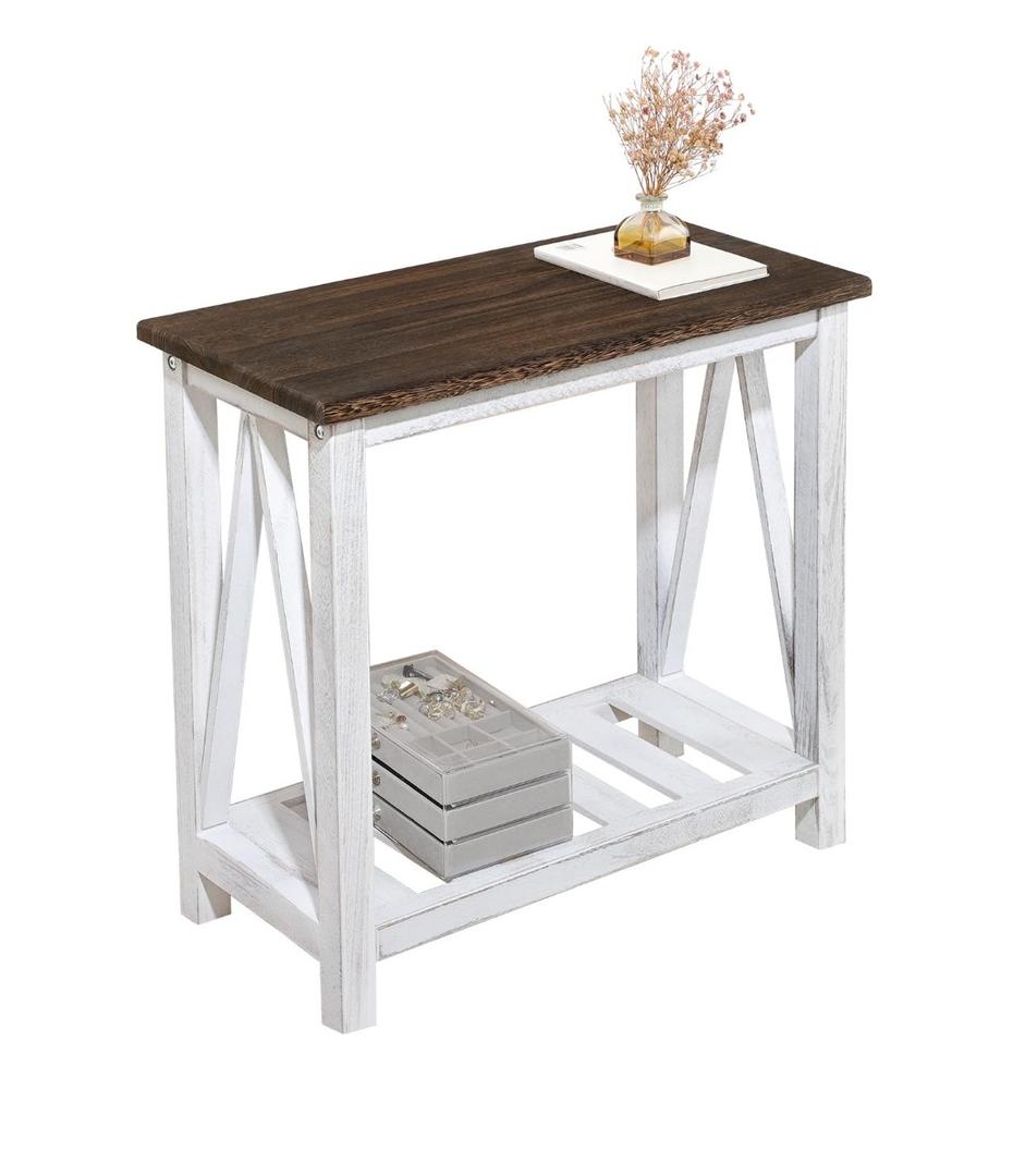 Farmhouse End Table Narrow Side Table Living Room Slim End Tables with Storage Shelf 2 Tier Nightstand for Bedroom Hallway Dormitory, Rustic Brown and White