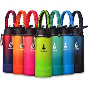 Farsea Insulated Water Bottle With Paracord Handle, Protective Silicone Boot and 2 Lids (Straw Lid & Spout Lid), Stainless Steel Water Bottle Wide Mouth, Double Wall Sweat-Proof BPA-Free, 18 oz (Neon)