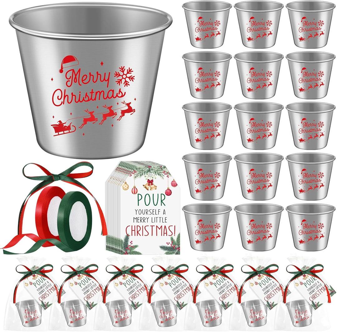 Roshtia 15 Sets Christmas Shot Glasses Bulk Christmas Favors for Guests Stainless Steel Shot Glasses 1.5 oz Cups with Xmas Tag Cards Cellophane Treat Bags for Stocking Stuffer Gift Supplies