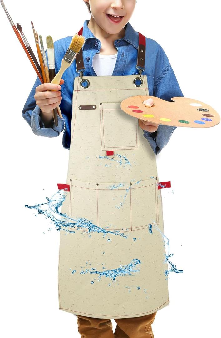 Kids Art Aprons for Painting, Gardening, Cooking, Multiple Pockets, Kids Smock for Boys & Girls, Waterproof (Age6-12) (Colorful Spots)