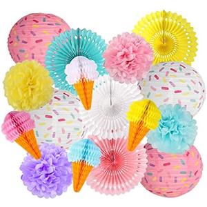 zilue Donut Party Decorations, Two Sweet Birthday Party Supplies Hanging Donut Paper Lanterns Party Fans Pom Poms Flowers for Baby Shower Sweet One Birthday Party Ice Cream Party Decorations
