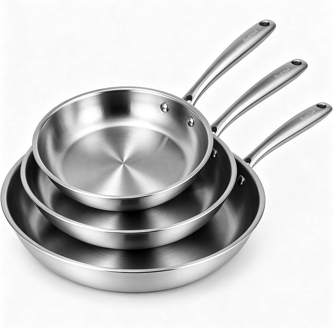 Redchef Stainless Steel Frying Pan Set, Induction Kitchen Cookware Set, Non-Toxic Uncoated Skillets for Searing & Cooking, Oven Safe Stainless Steel Cookware Set, 3-Piece (8", 9.5", 11"), Large