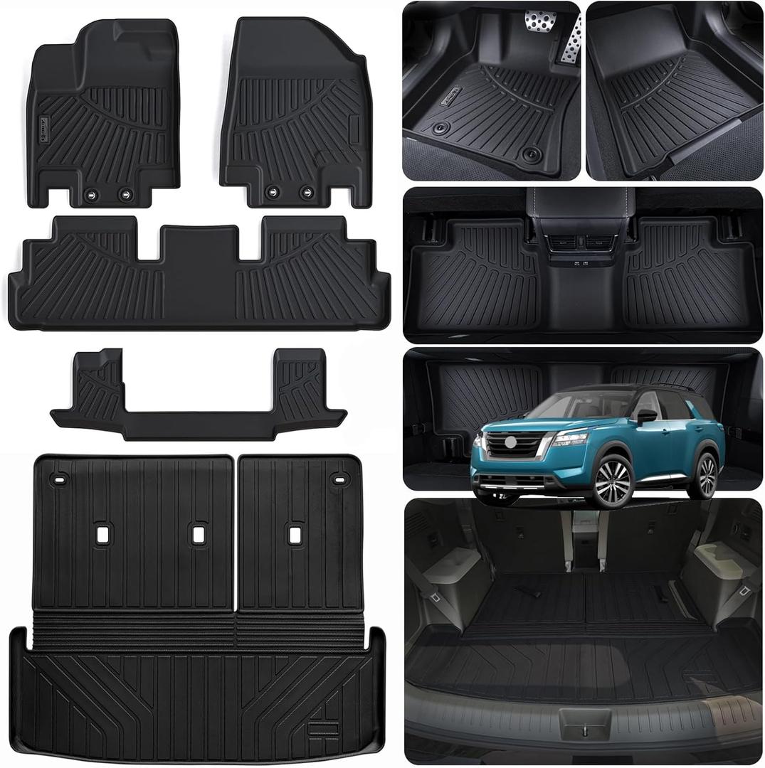 Floor Mats & Trunk Mat for 2022-2024 2025 2026 Nissan Pathfinder 7 Seats (Not Fit 8 Seats) TPE All Weather Protection 2 Rows Car Floor Liners with Cargo Liners Velcro Cover The Backrest