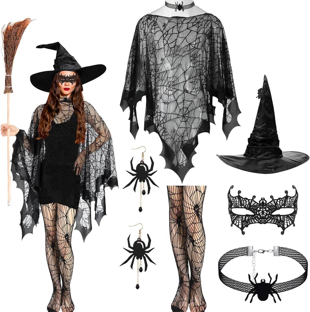 Mepase 6 Pcs Black Spiderweb Costume Accessories for Women Include Spider Web Poncho, Net Tights, Necklace Earrings and Witch Hat Mask for Halloween Cosplay Party, One Size