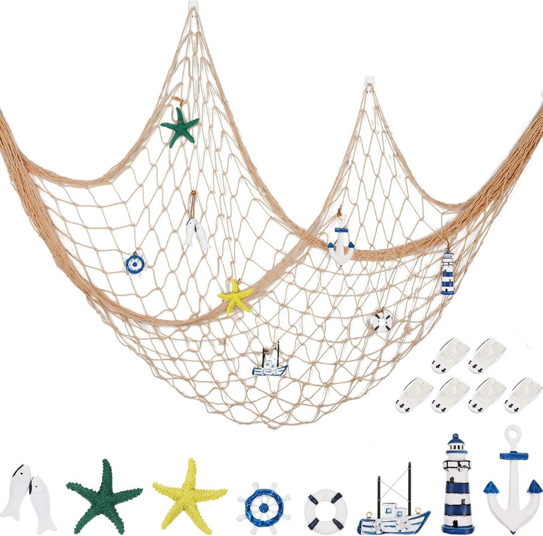 Decorative Fishnet Nautical Fishing Net Wall Hanging Decor, 8 Pieces Starfish, Sailboat, Lighthouse, Life Ring, Rudder, with Transparent Hook for Mermaid Mediterranean Party (Creamy White)