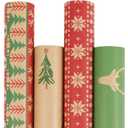 LaRibbons Kraft Christmas Wrapping Paper Set, 30 Inch X 10 Feet (4 Rolls: 100 Sq. Ft. Ttl) Snowflake, Green Tree, Deer Antlers and Gift Box Shapes Design for Xmas, Party, Holiday, Celebration