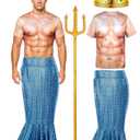 4 Pcs Halloween Poseidon Costumes Muscle T-Shirt Merman Dress Crown Trident for Sovereign Sea Cosplay (Medium)
