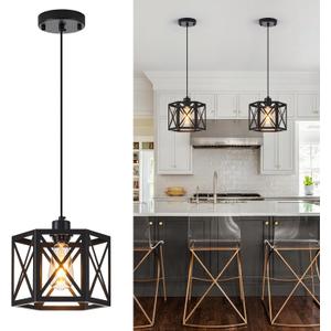 XSDeTu 2 Pack Farmhouse Pendant Lights, Modern Black Hanging Light Fixture with Hexagonal Cage, Industrial Metal Ceiling Lights, Adjustable Lantern Pendant Lighting for Kitchen Island Sink Hallway