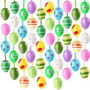 48 Pieces Easter Egg Hanging Ornaments Plastic Colorful Eggs Decorations Stripes Dots Flowers Style Mini Tree Ornaments Decorative for Holidays, Easter, Spring