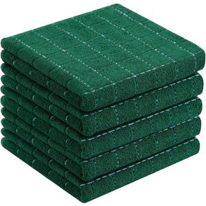 Homaxy 100% Cotton Terry Kitchen Towels(Dark Green, 13 x 28 inches), Checkered Designed, Soft and Super Absorbent Dish Towels, 5 Pack